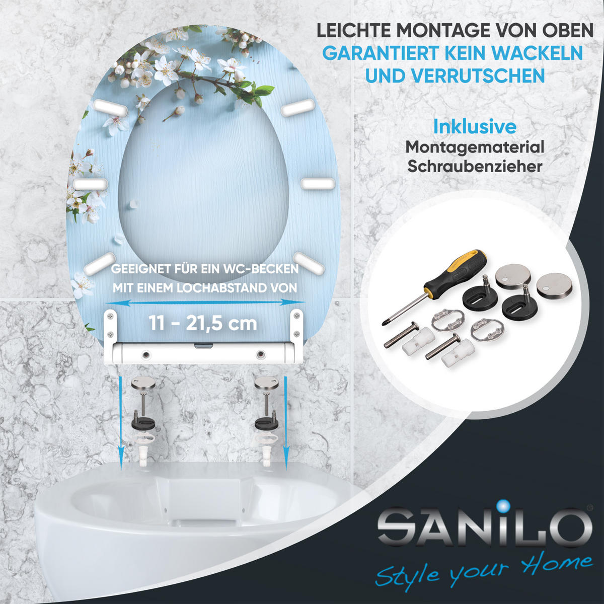 WC-SITZ mit Absenkautomatik & Top Fix Sakura - Blau, Holzwerkstoff (37.7/5.5/48cm) - Sanilo