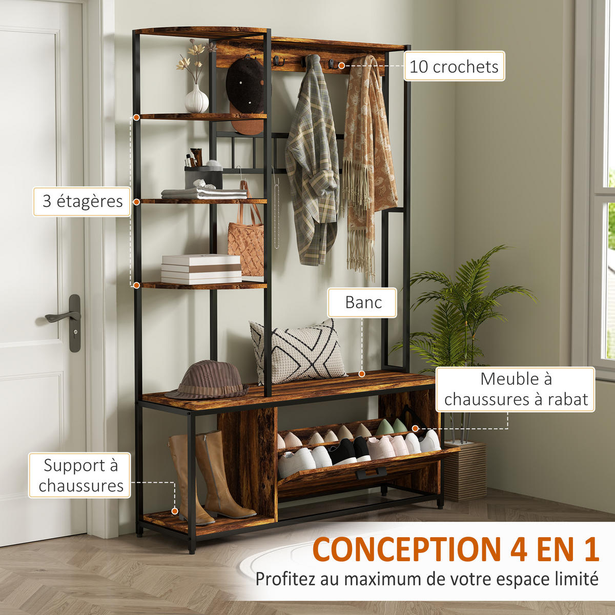 GARDEROBENSTÄNDER DE-17879 10 Haken & 2-stufiger Schuhschrank Braun - Braun, Holzwerkstoff (35/180/120cm) - ComfortXL