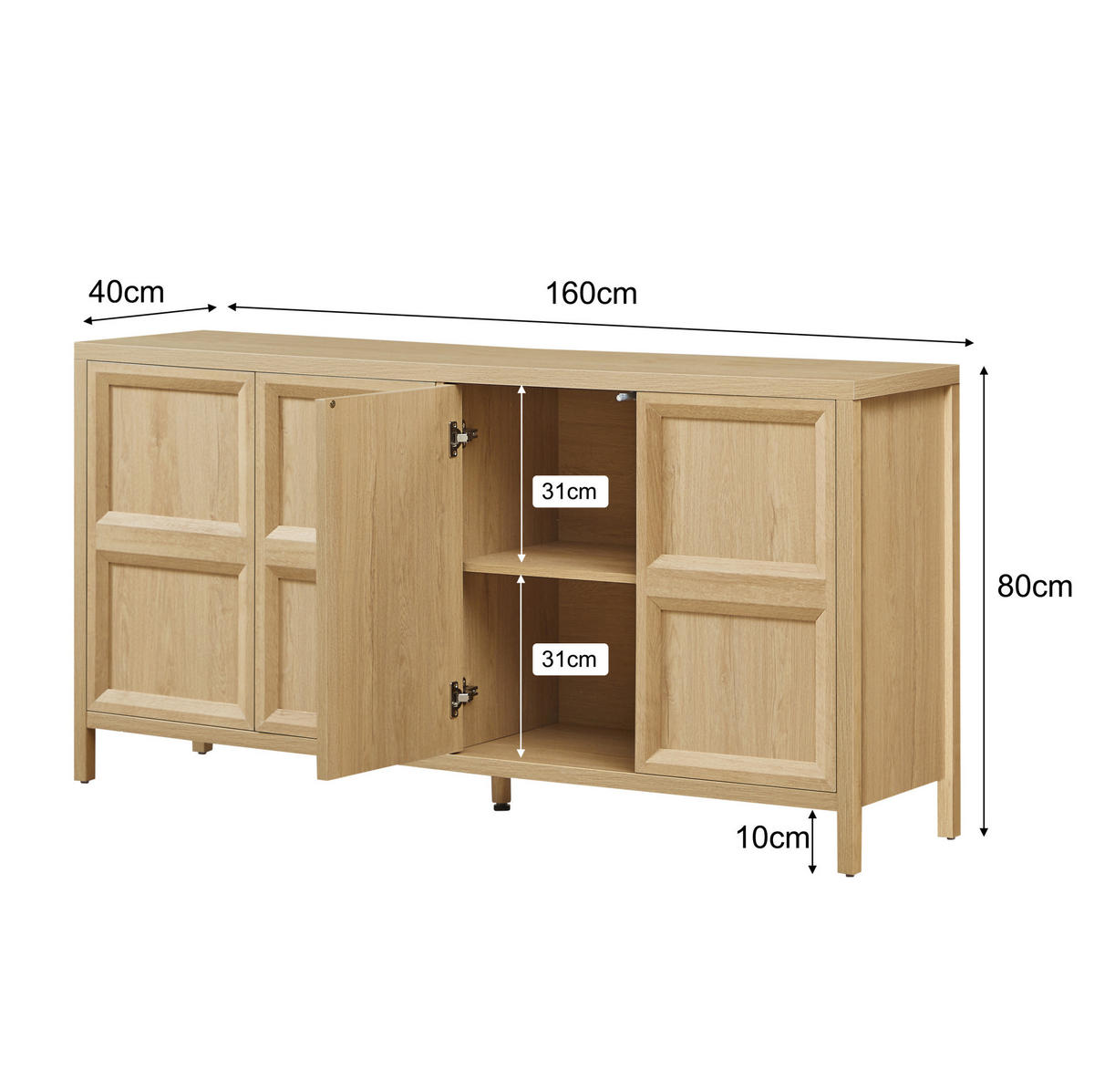 SIDEBOARD 160/40/80 cm in Eiche mit Tip-On-Öffnung und Soft-Close - Eichefarben, Holzwerkstoff (160/80/40cm) - Flora Grace