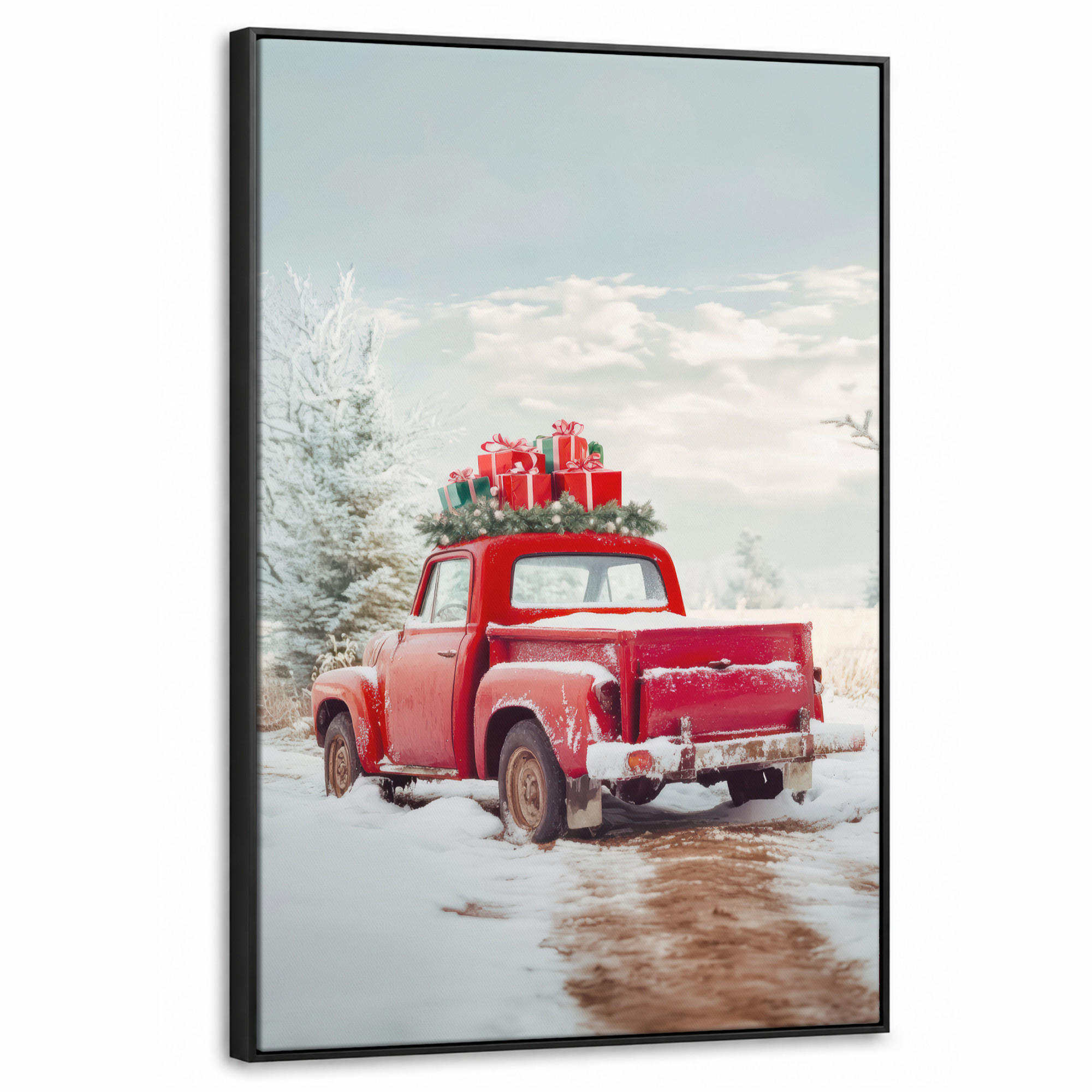 LEINWAND Bilder mit Rahmen - Auto - Rot - Geschenke - Winter - Schnee - Weihnachten - 60x90 - Rot, Textil (60/90cm) - MuchoWow