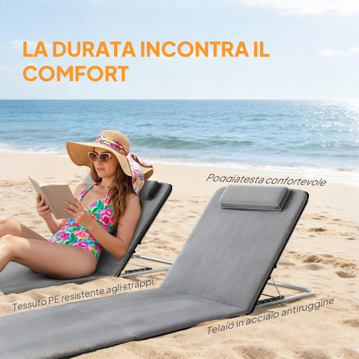 SONNENLIEGE 2er-Set Strandstühle mit 5-fach verstellbarer Rückenlehne Kopfstütze und Reisetasche 134x48x33–43 cm ,Grau - Grau, Metall (48/43/134cm) - Vallsero