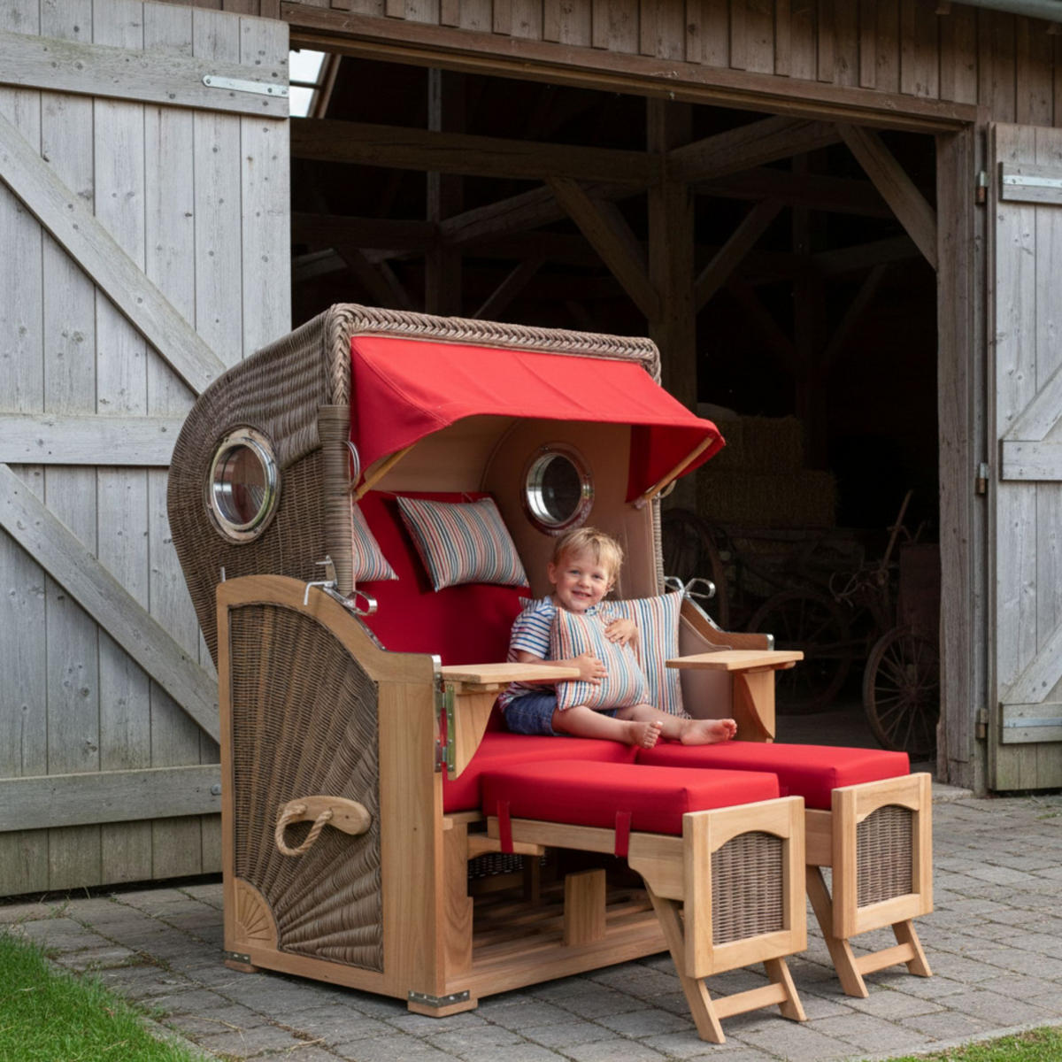 STRANDKORB Düne 2 Sitzer Teak PE Grey - Rot/Braun, Holz/Metall (125/170/80cm) - Mr. Deko