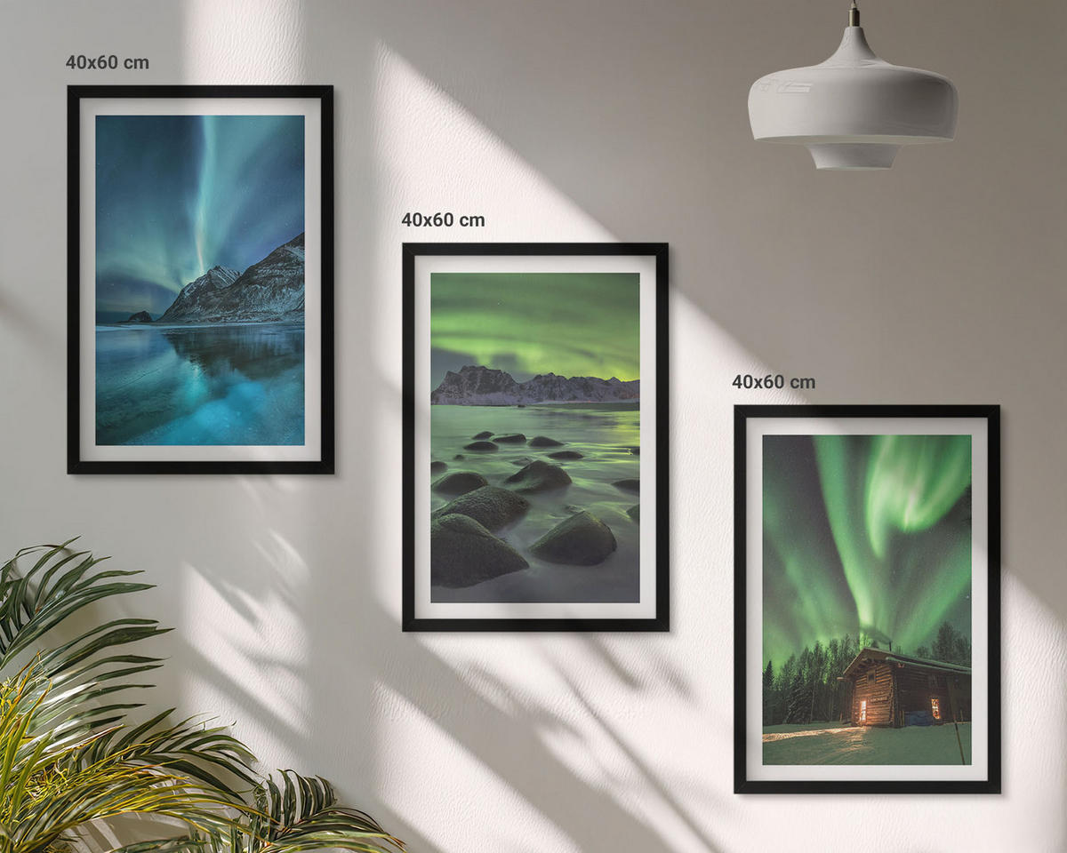 WANDBILDER 3er-Set - 40x60 cm Schwarzer Rahmen - Winterlandschaften, Nordlichter, Berge - Schwarz, Kunststoff (40/60cm) - ArtPrintCave