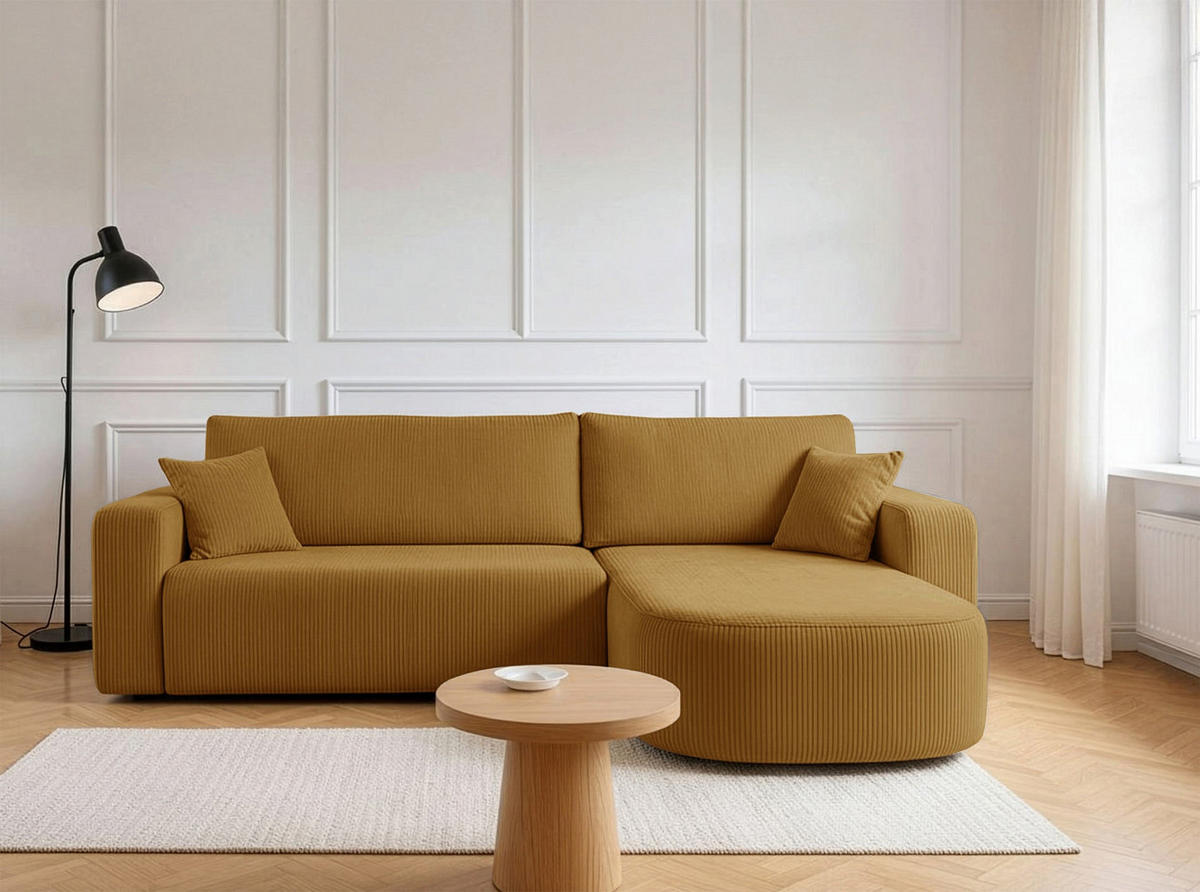ECKSOFA mit Schlaffunktion Teeo L-Form universal mit Bettkasten Senfgelb Cord - Currygelb/Schwarz, Kunststoff/Textil (275/170cm) - Homebook