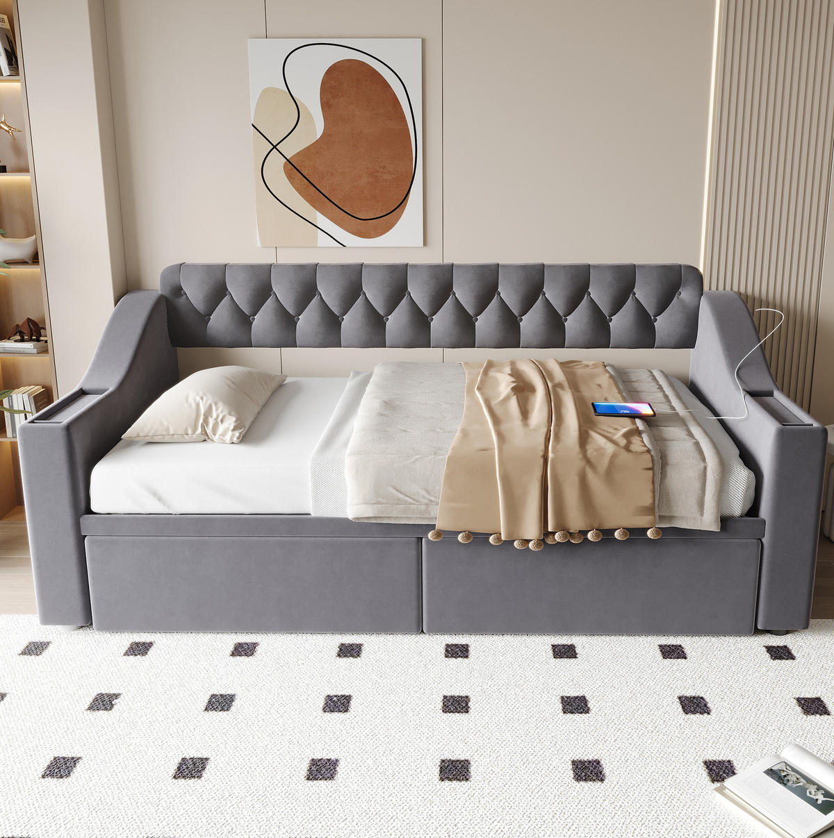 ČALOUNĚNÁ postel 90/190 cm tmavě šedá ze sametu s USB porty a úložnými zásuvkami - šedá, textil (90/190cm) - OKWISH