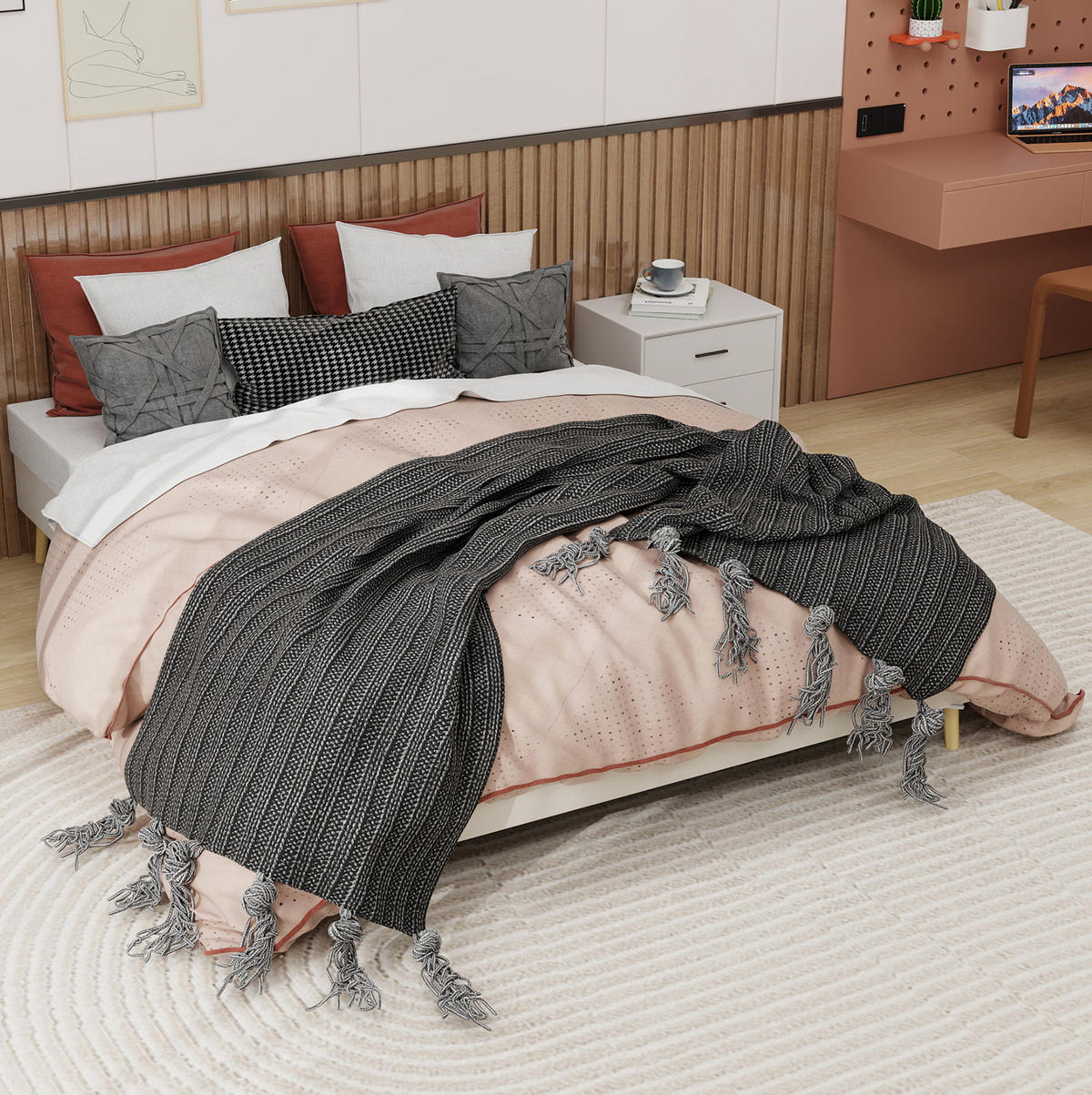 POSTEL 160/200 cm béžová z látky a kovu s moderním nízkým rámem - béžová, textil (160/200cm) - OKWISH