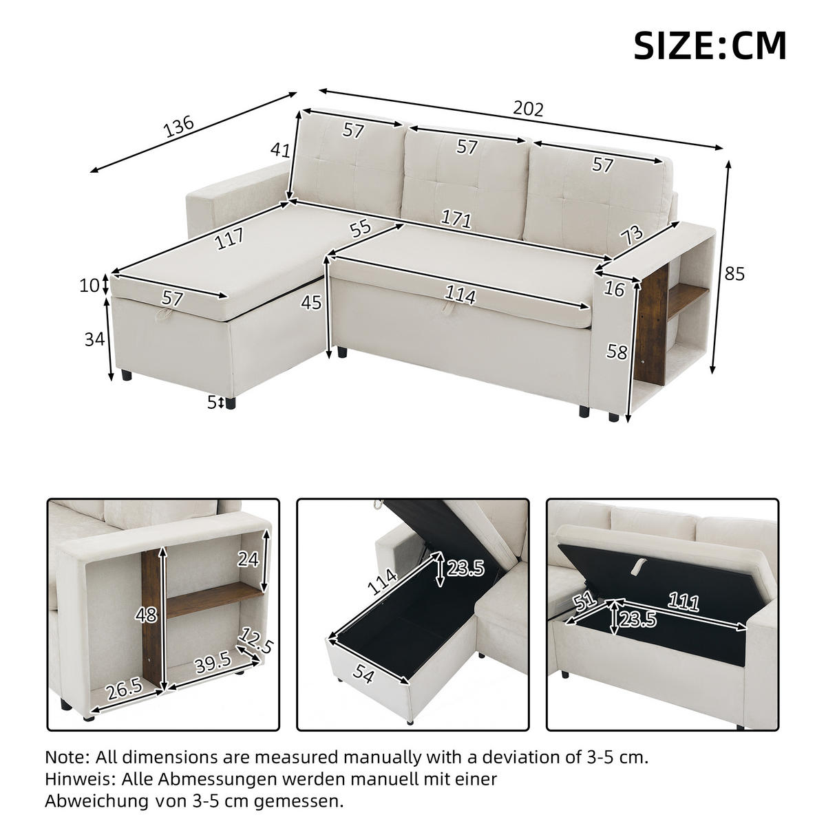 ECKSOFA 202/136/85 cm Beige mit Stauraum - Beige, Textil (202/136cm) - Oxeza