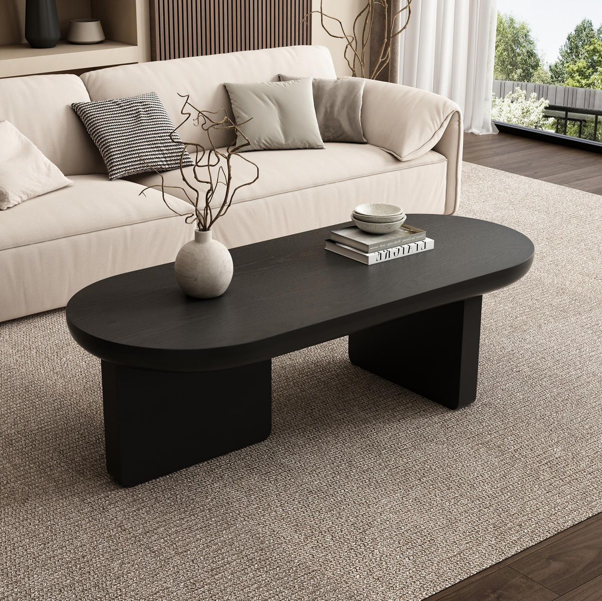 COUCHTISCH 119,7/49,8/35,5 cm in Schwarz aus MDF, oval und minimalistisch - Schwarz, Holzwerkstoff (49.8/119.7/35.5cm) - BEAOK