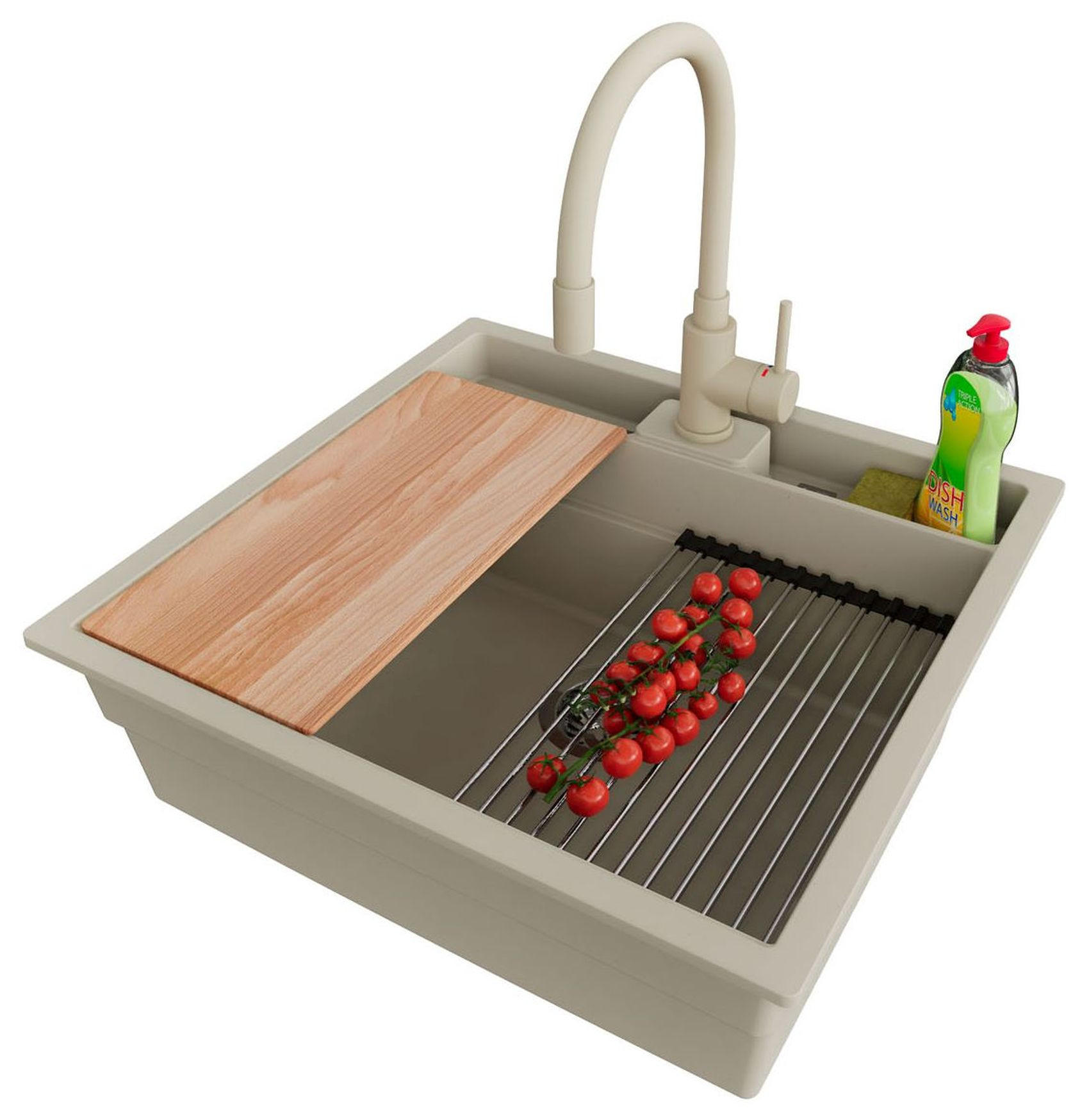 UNTERBAUSPÜLE GRANIT Bergen Pocket, 2-er set Beige 56/54 cm 1 Becken + Küchenarmatur 38/14 cm + Ablauf-Set + Küchenzubehörset ab 60er Unterschrank - Chromfarben/Beige, Kunststoff (56/20/54cm) - Primagran