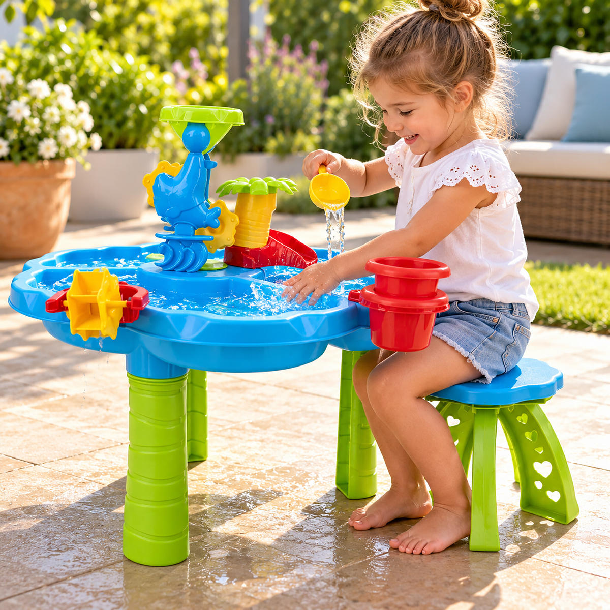 MASA Multicolor copii joc cu apa cu taburet - multicolor, material plastic (60/60cm) - Relaxdays