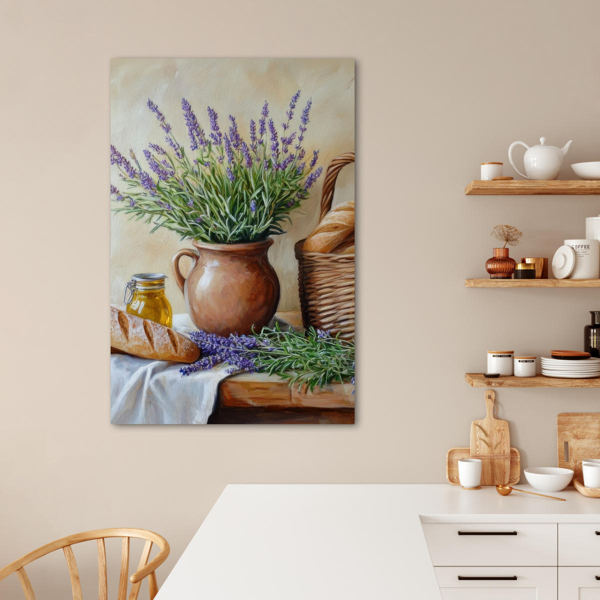 LEINWANDBILD Lavendel - Brot - Stilleben 80x120 cm - Flieder, Textil (80/120cm) - MuchoWow