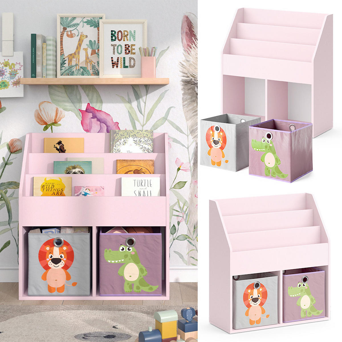 KINDERREGAL Luigi Rosa 72 x 79 cm mit 2 Faltboxen (Löwe, Krokodil) - Pink, Holzwerkstoff (72/79/30.7cm) - Vicco