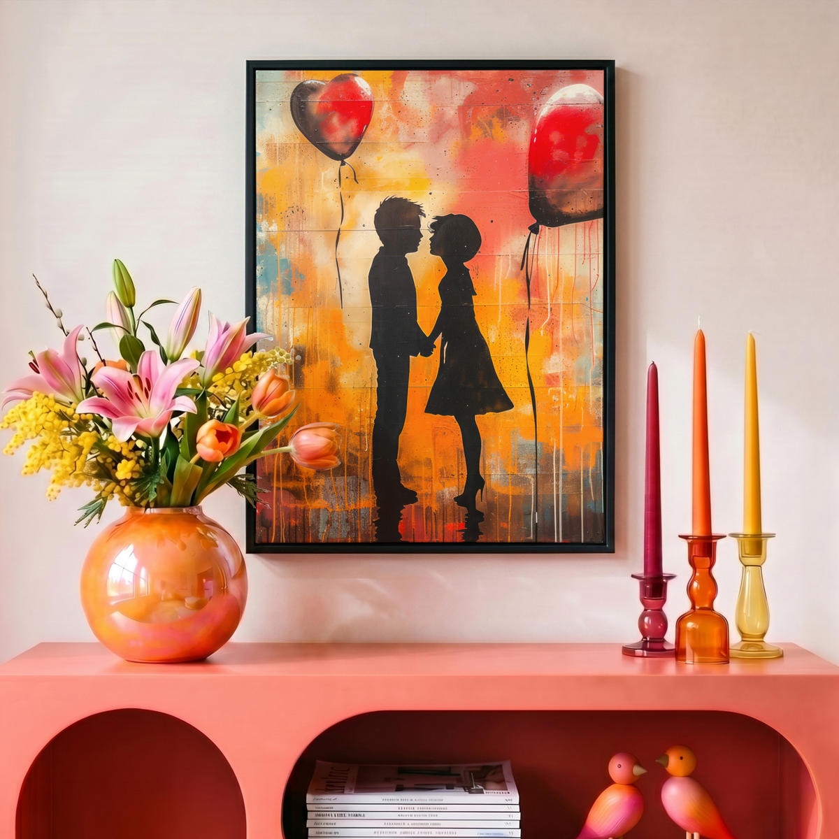 LEINWAND Bilder mit Rahmen - Straßenkunst - Liebe - Graffiti - Kunst - Banksy - 30x40 - Orange, Textil (30/40cm) - MuchoWow