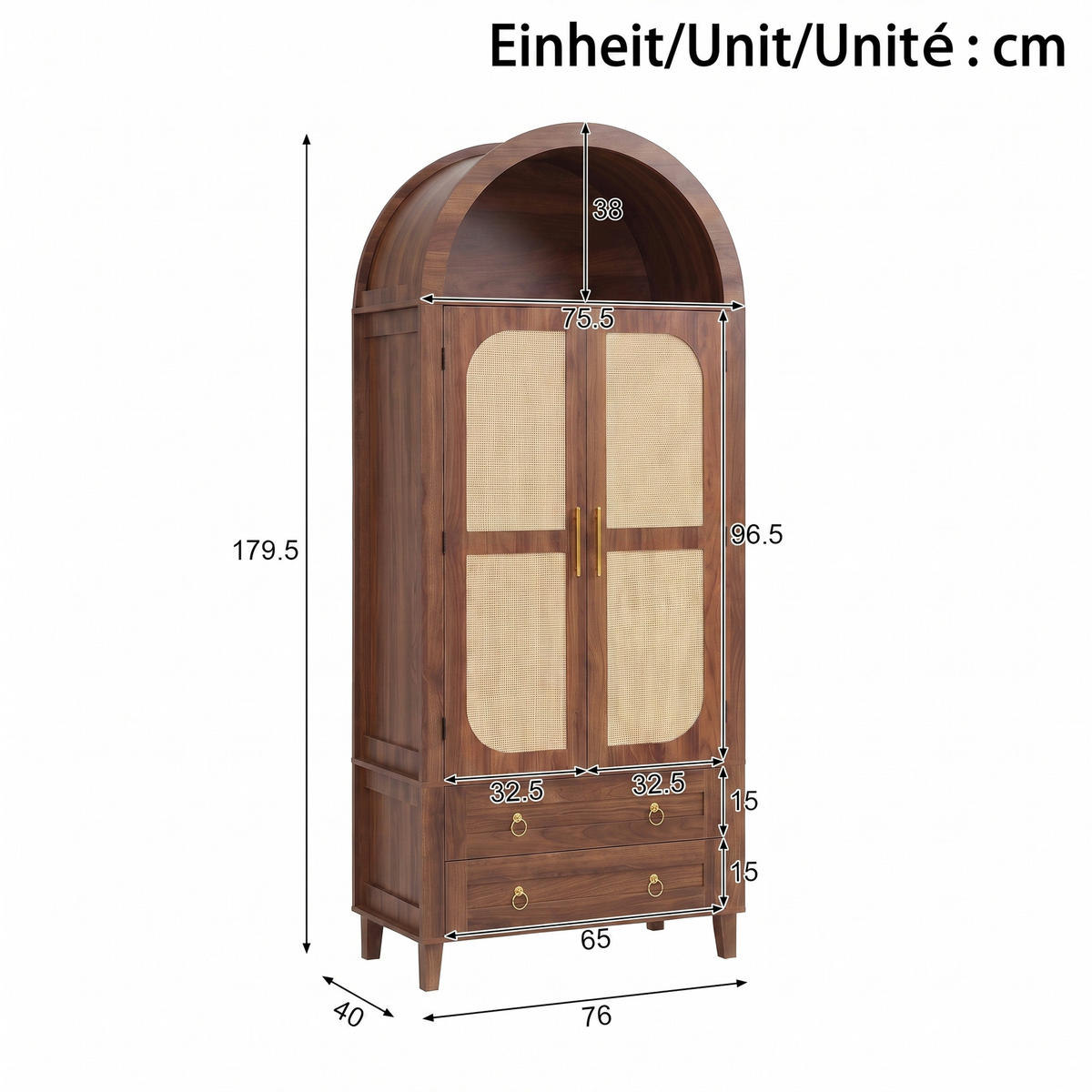 HOCHSCHRANK Nussbaum Bogen-Design mit Rattan-Türen, APP-LED & 2 Schubladen - Walnussfarben, Holzwerkstoff (76/179.5/40cm) - Urban Meuble