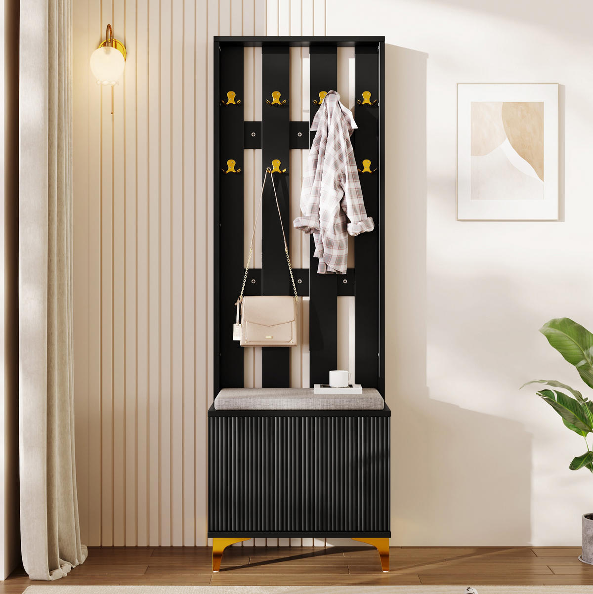 GARDEROBENSET mit Haken und Kissen 60,5 x 180,5 x 35,2 cm Schwarz Gold - Schwarz, Holzwerkstoff (35.2/180.5/60.5cm) - Beauniv