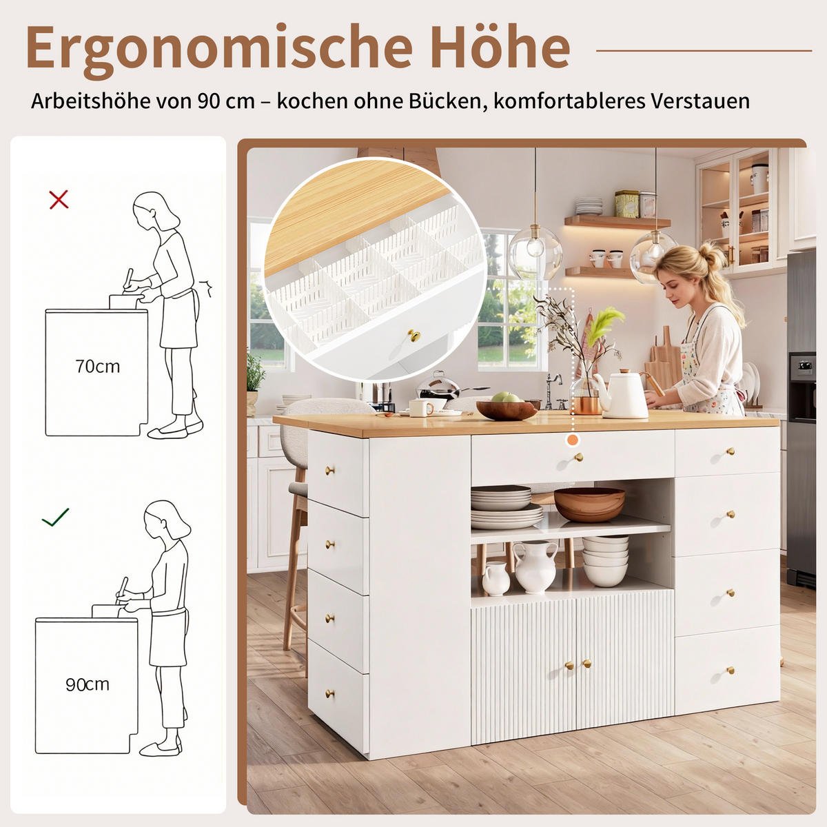 KÜCHENINSEL Barhocker 6 Schubladen Verstellbar Weiß - Weiß, Metall (140/89/40cm) - FLIEKS
