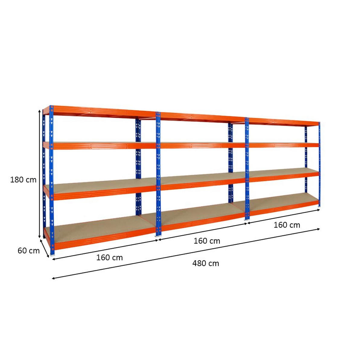 SCHWERLASTREGAL Rhino 3er-Set mit 3x 180x160x60 cm 4 Spanplatten-Ebenen 8mm Fachlast 500 kg Blau-Orange - Orange, Metall (480/180/60cm) - PROREGAL