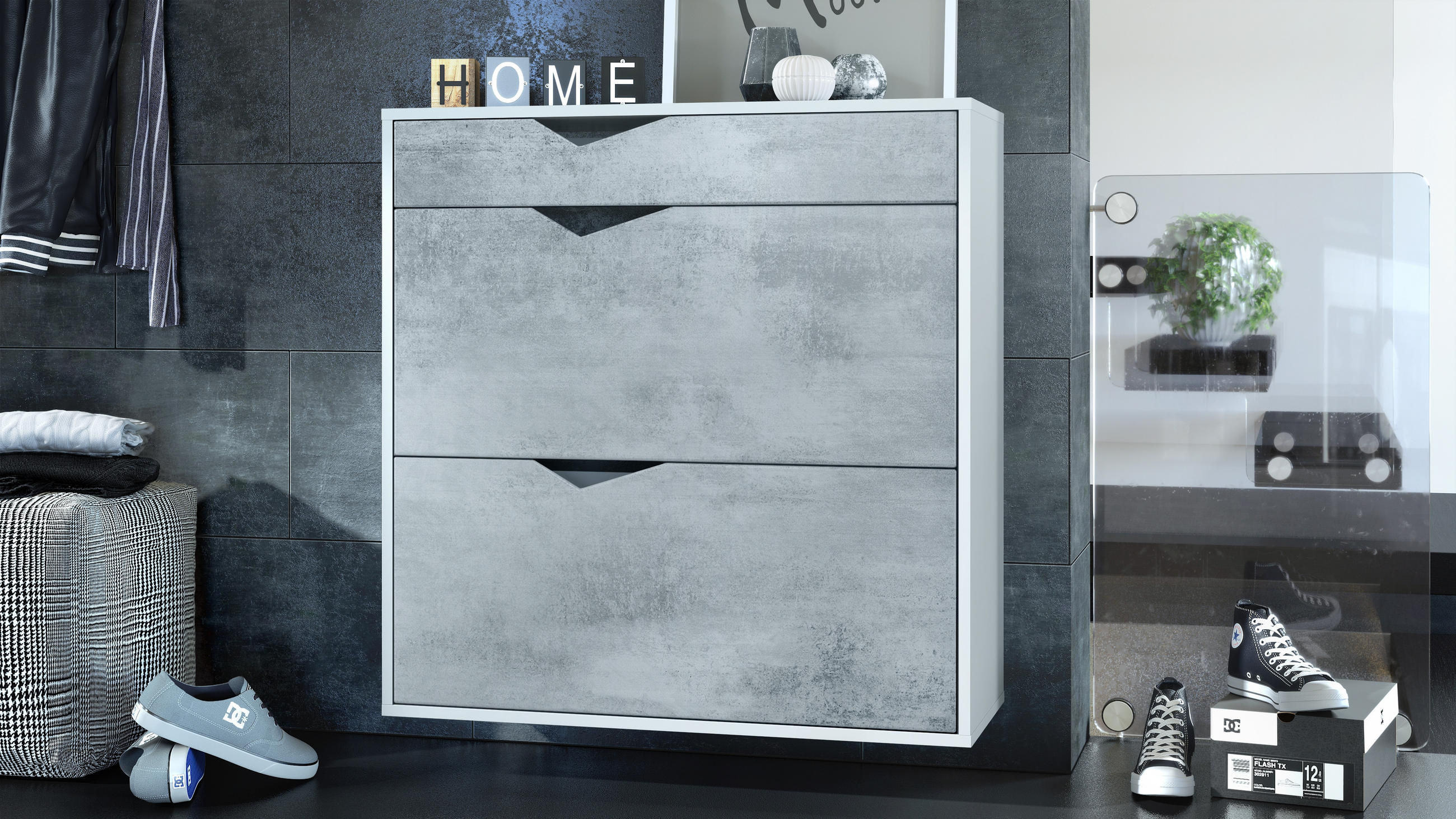 SCHUHSCHRANK Kolmio Fronten in Beton Oxid Optik - Hellgrau, Holzwerkstoff (190/185/33cm) - Vladon