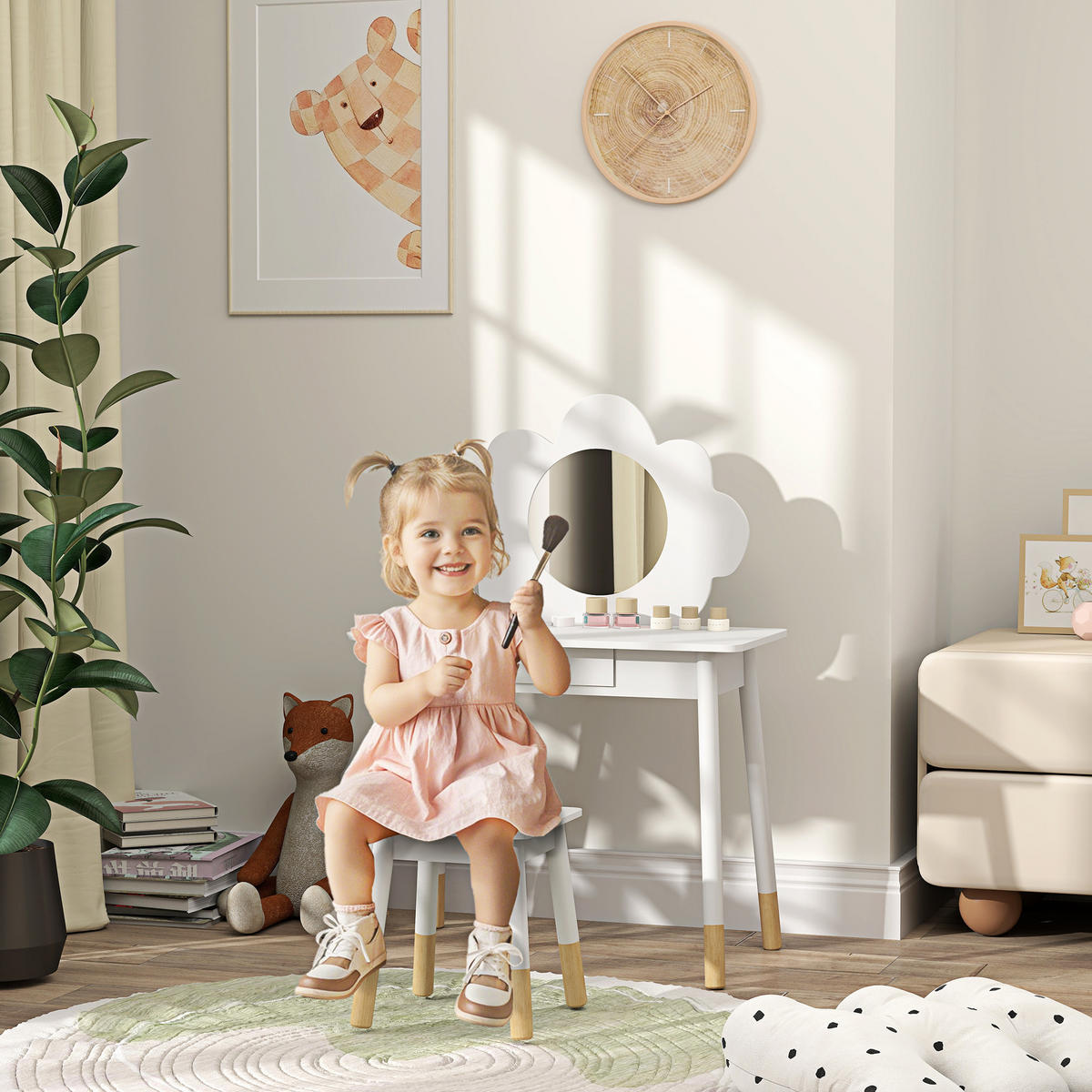 KINDERSCHMINKTISCH DE-18639 mit Spiegel in Wolkenform Weiß - Weiß, Holzwerkstoff (34/95/70cm) - ComfortXL
