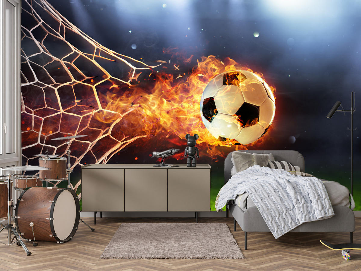 FOTOTAPETE für Jugendzimmer Fußball Flammen Stadion Feuer 500x350 - Multicolor, Papier (500/350cm) - Muralo