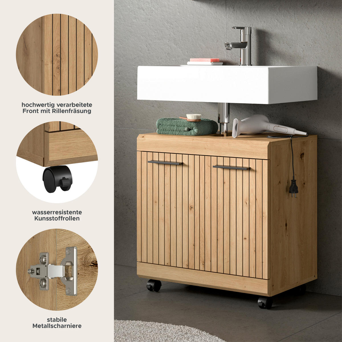 WASCHBECKENUNTERSCHRANK auf Rollen SCOUT (B/H/T: ca. 60/60/34 cm) in Artisan Eiche Nachbildung/Artisan Eiche Nachbildung - Eiche Artisan, Holzwerkstoff (60/60/34cm)