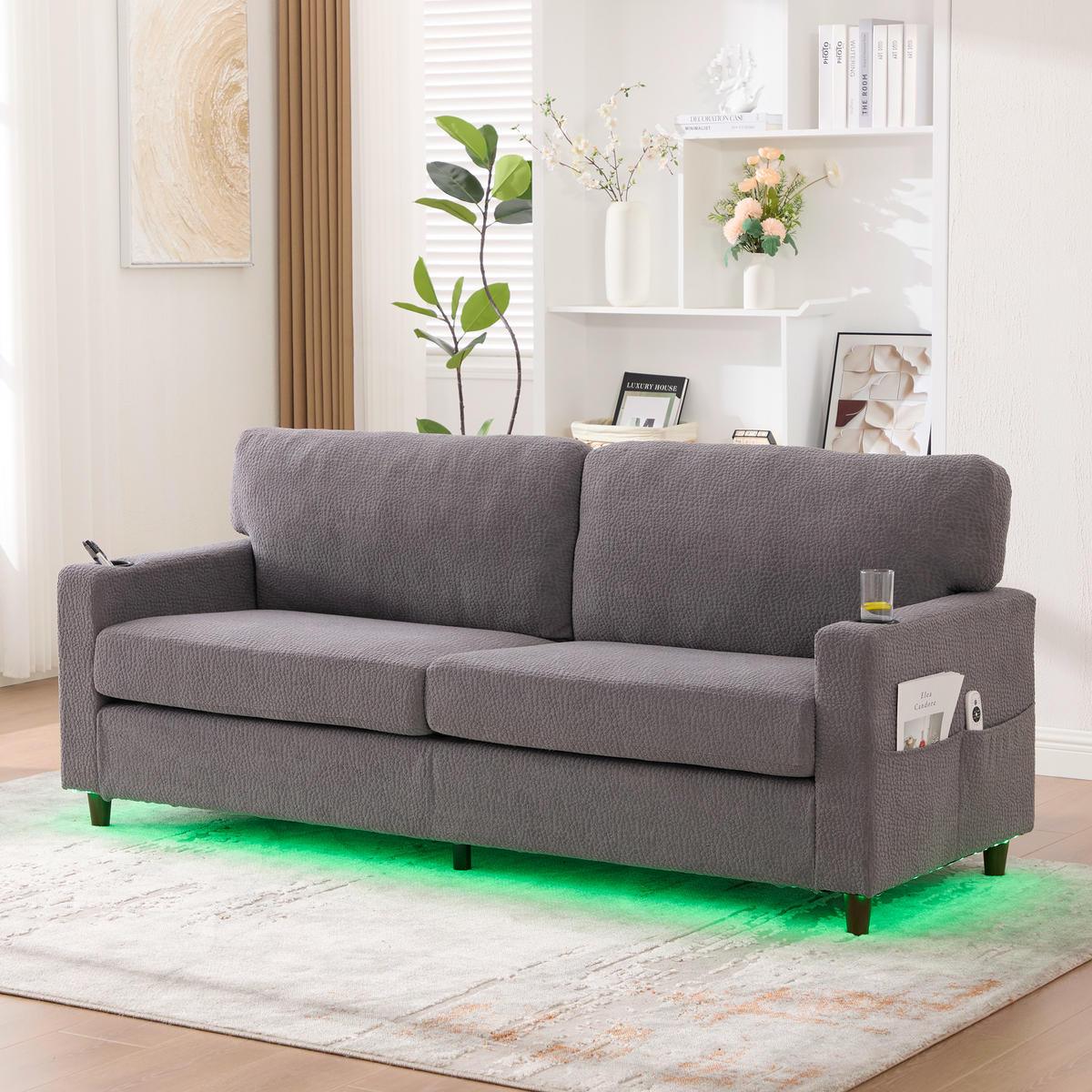 SOFA 2-Sitzer mit USB-C-Anschluss und LED-Ambiente Chenille Hellgrau 203/77,5/86 cm - Hellgrau, Textil (203/86/77.5cm) - OKWISH