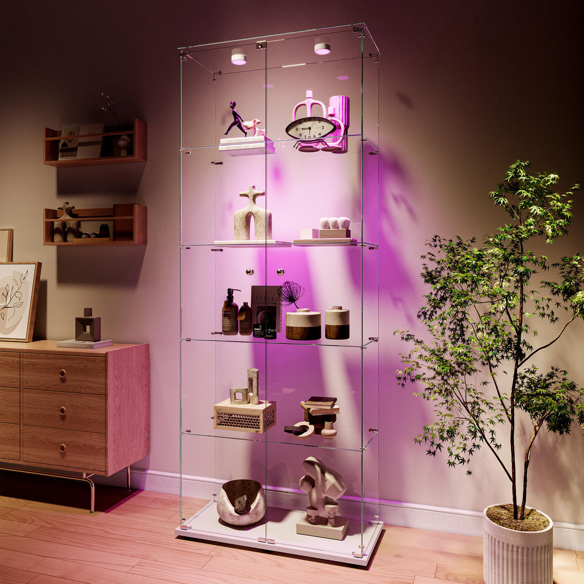GLASVITRINE mit 5 Glasböden, Touch-LED, zweitürig mit Schloss, Weiß - Weiß, Glas (36.5/183/80.6cm) - BRILVERDE