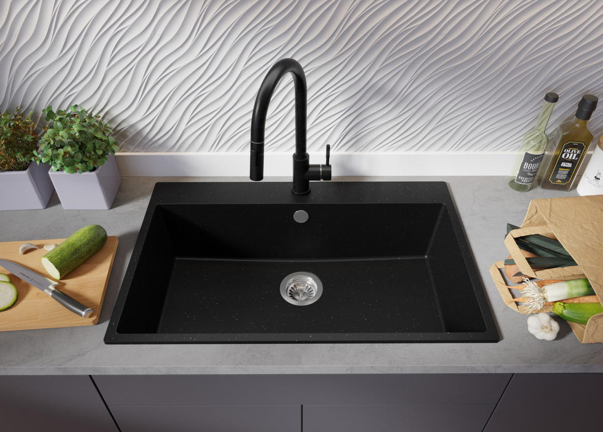 SPÜLBECKEN Riga, 2-er set Schwarz Metallic 78/50 cm 1 Becken + Ablauf-Set ab 80er Unterschrank - Chromfarben/Schwarz Hochglanz, Kunststoff (78/20/50cm) - Primagran