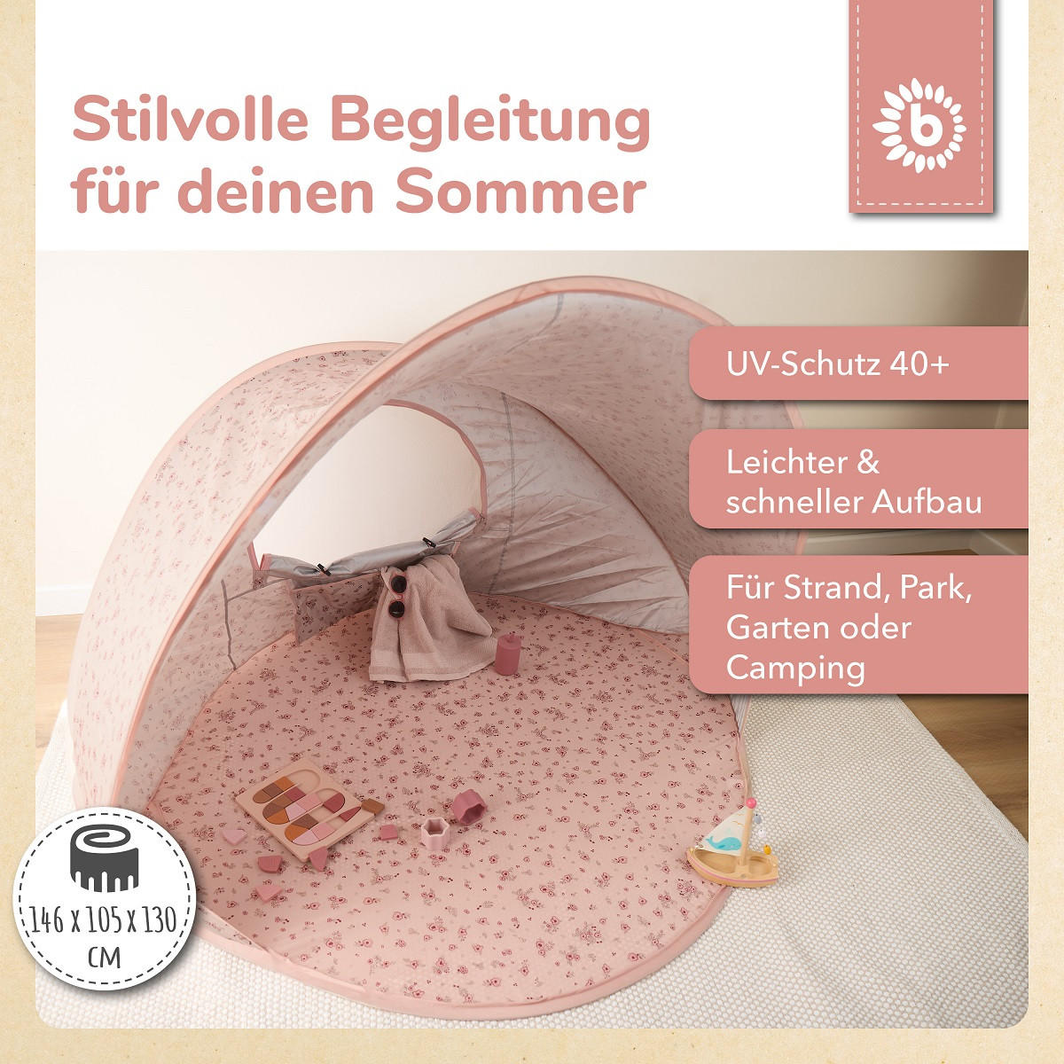 STRANDMUSCHEL Pop-up, UV-Schutz 40+ - Rosa, Textil (105/146cm) - Bieco Spielwaren