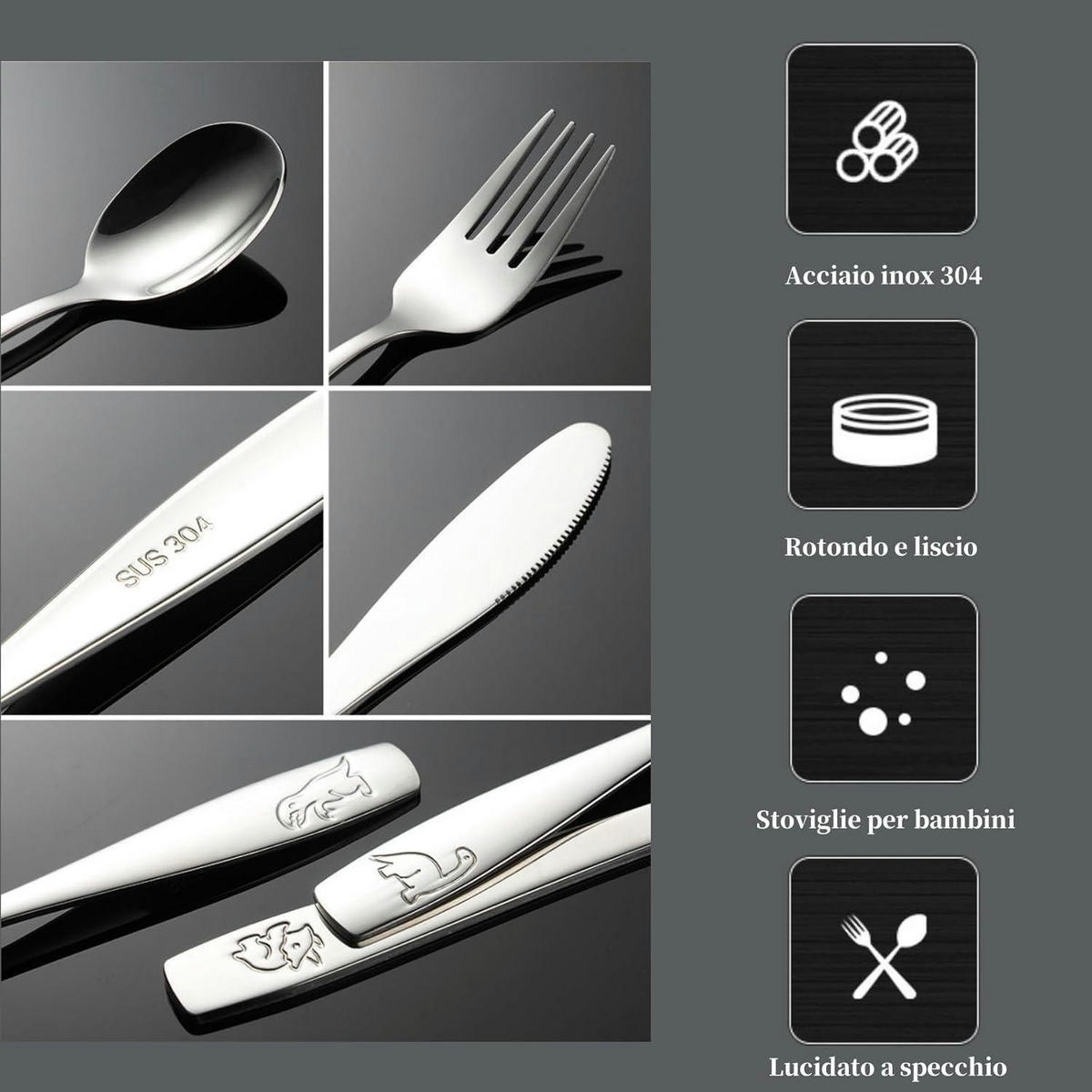 KINDERBESTECK 3-teiliges Set Edelstahl mit Motiven - Silberfarben, Metall