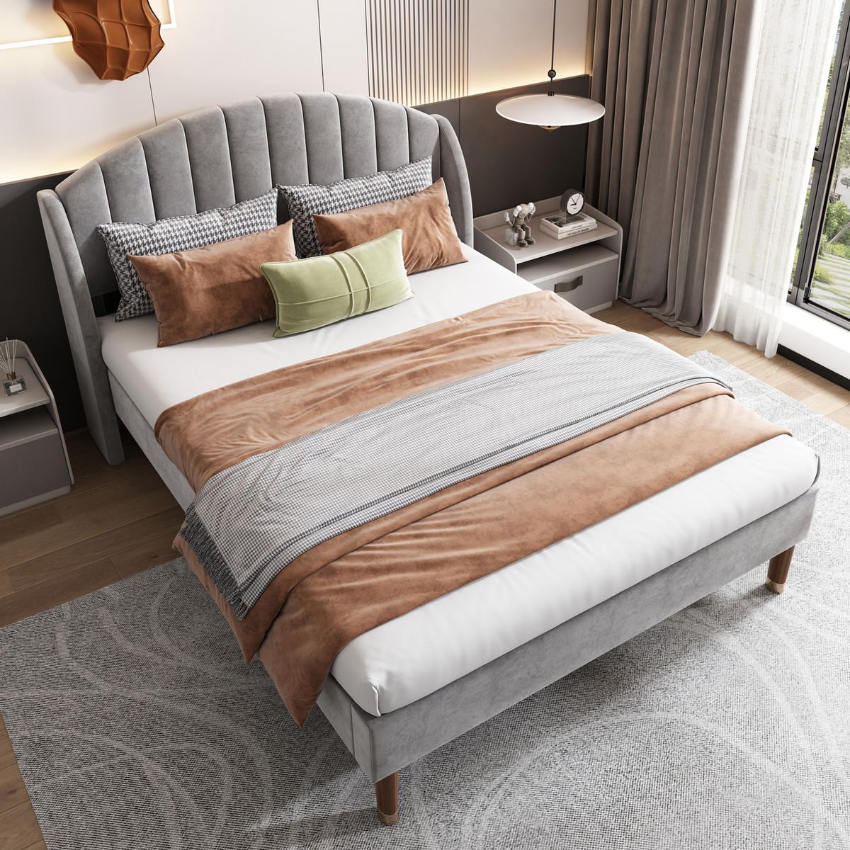 ČALOUNĚNÁ postel 160/200 cm samet šedá s roštem a čalouněným čelem - šedá, textil (160/200cm) - BEAOK