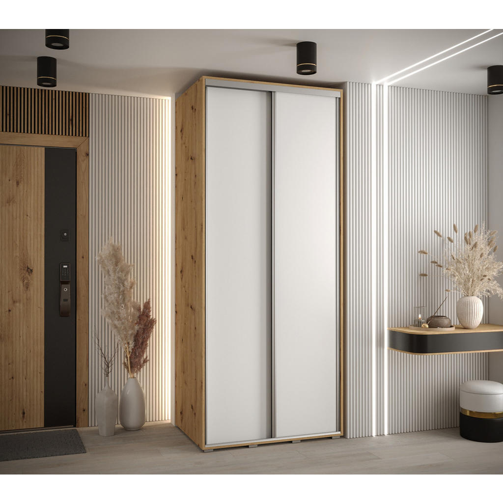 Thumbnail - Abiks Möbel Schwebetürenschrank, Eiche Artisan, Weiß, Silber, Metall, Nachbildung, 6 Fächer, 100x235x60 cm, Schlafzimmer...