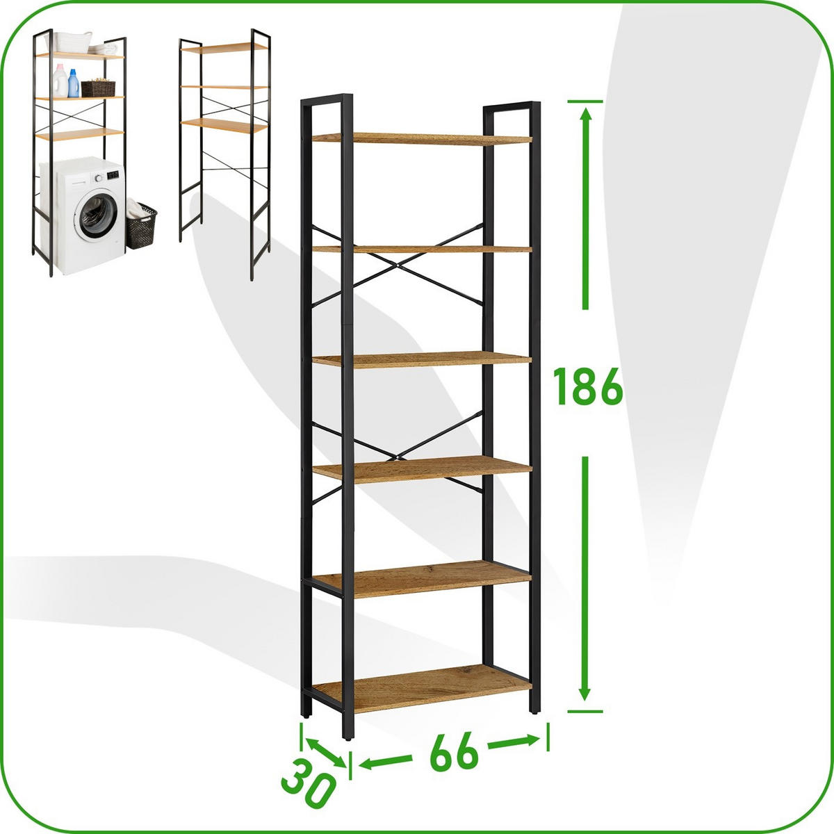STANDREGAL Holzoptik Metall Eichefarben Schwarz 6 Böden 66x30x186 cm - Eichefarben/Schwarz, Holzwerkstoff/Metall (66/186/30cm) - Begryf