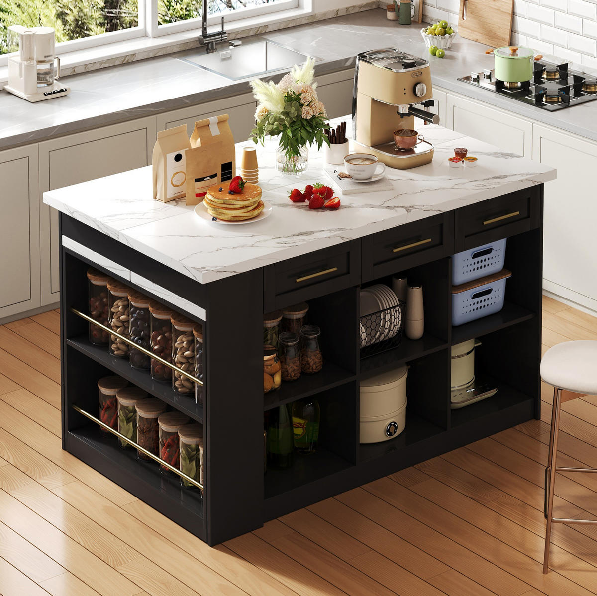 KÜCHENINSEL mit ausziehbarem Esstisch 150 x 90 x 90 cm Schwarz/Weiß - Schwarz, Holz (90/90/150cm) - Beauniv