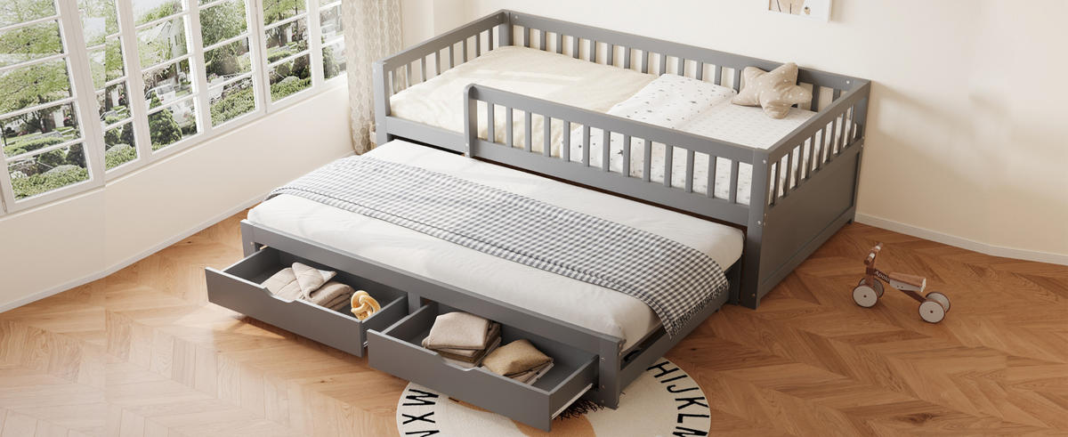 BETT 90/200 cm Grau aus Massivholz mit Bett und 2 Schubladen - Grau, Holzwerkstoff (90/200cm) - OKMYHOME