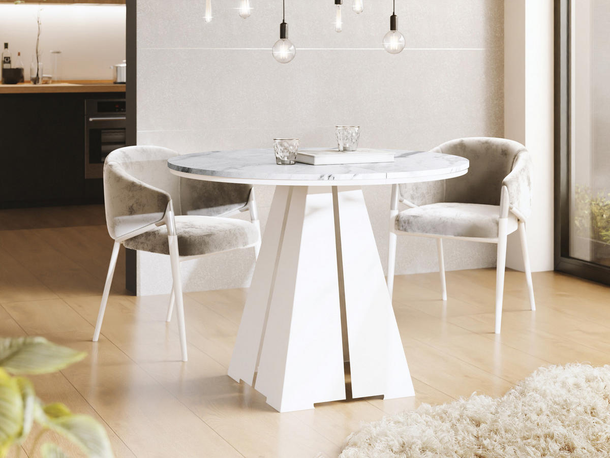 ESSTISCH Kova runder ausziehbarer, Marmor Weiß 100-180/100/76 cm - Ecru/Weiß, Holzwerkstoff/Metall (100/100/76cm) - WFL GROUP