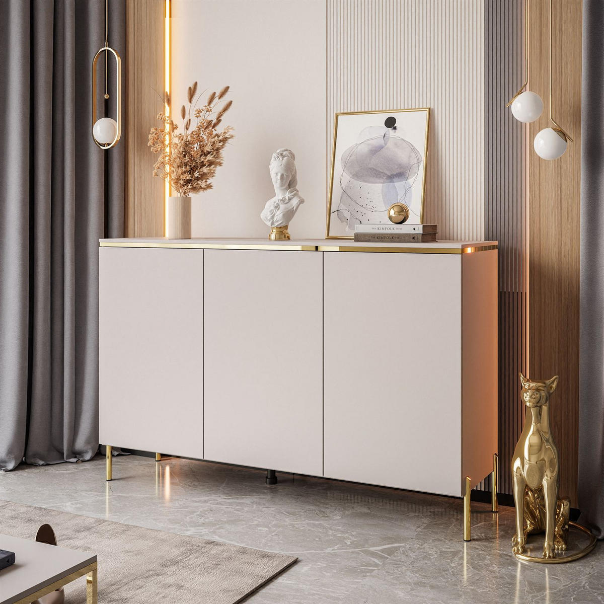 KOMMODE AURORA 3D Kaschmir mit gerade Goldchrom Fuße - Kaschmir/Goldfarben, Holzwerkstoff/Metall (140/91/40cm) - Lookway