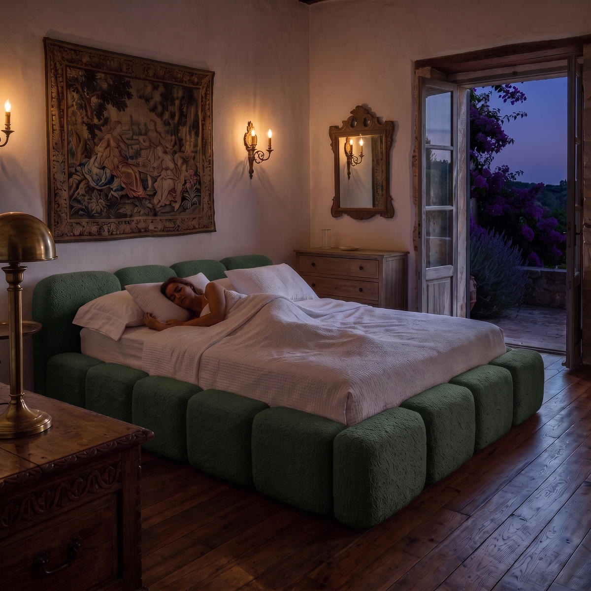 POLSTERBETT SUENO 180x200 cm in Grün, gepolstertes Kopfteil, Metalllattenrost, Bettkasten, Bouclé-Stoff - Naturfarben/Grün, Holz/Textil (180/200cm) - Muffo