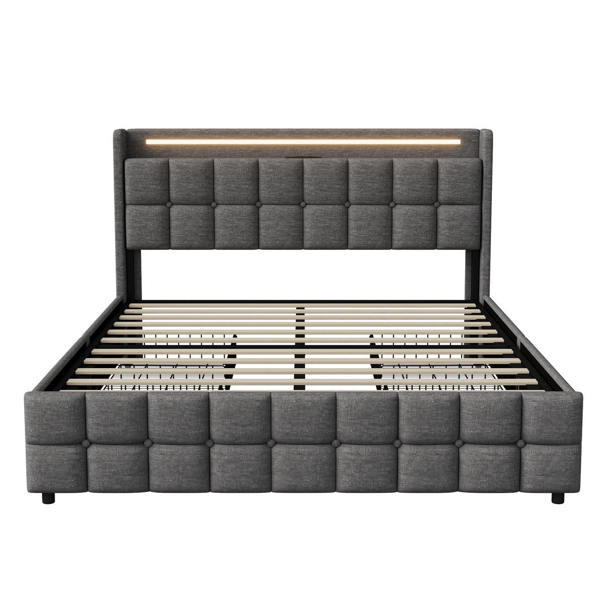 POLSTERBETT 160x200 cm LED Kopfteil 4 Schubladen USB grau - Grau, Holz (160/200cm) - LEBENLANG