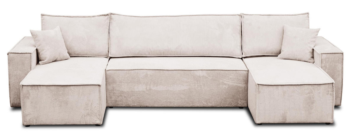 WOHNLANDSCHAFT Hugo U-Form Cordstoff mit Schlaffunktion und Bettkasten - Beige, Textil (312/83/142cm) - VENASI MÖBEL
