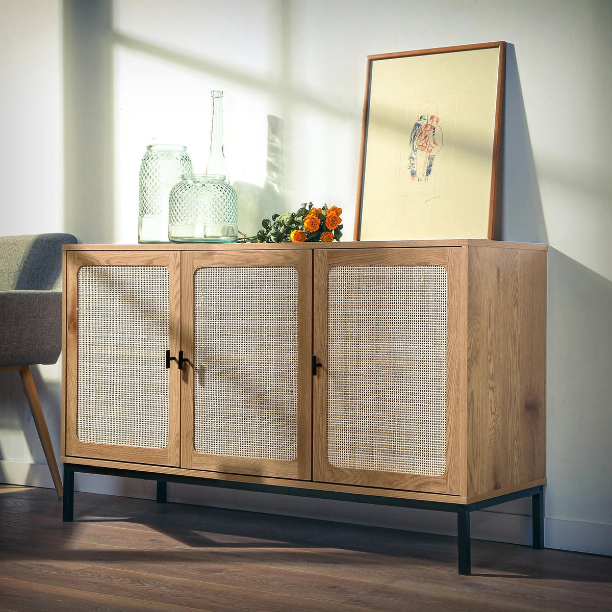 SIDEBOARD mit 3 Türen aus Rattan - L120 cm - Eschefarben, Holzwerkstoff (40/72/120cm) - Calicosy