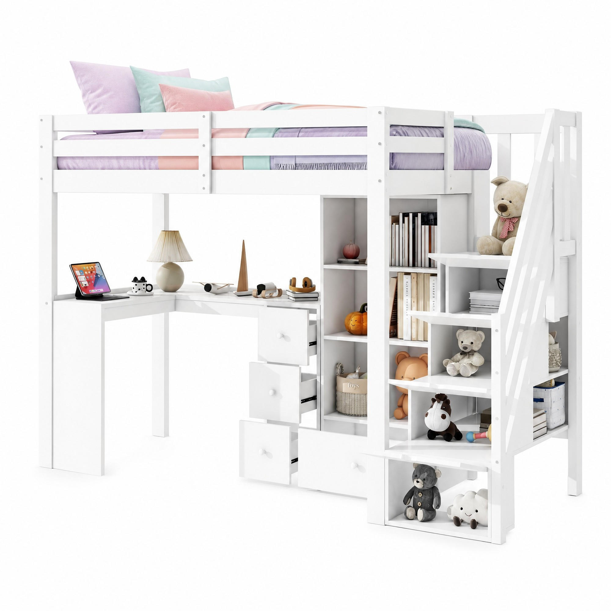 HOCHBETT 90/200 mit Schreibtisch Schubladen und Regalen in Weiß - Weiß, Holz (90/200cm) - EVRYAE