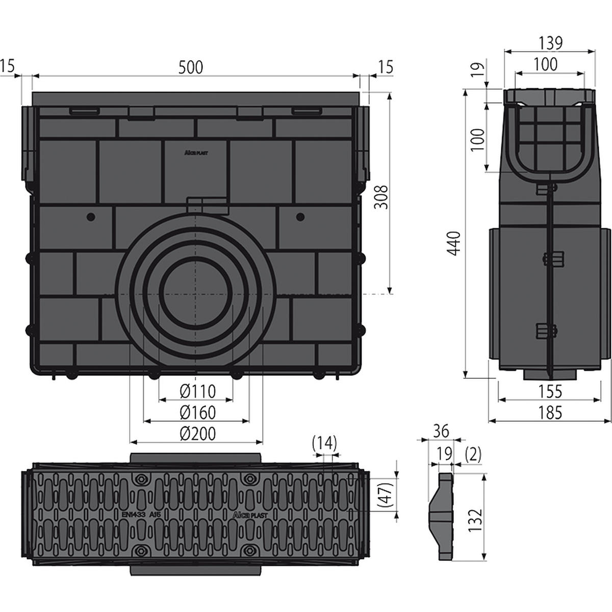 SERVICEBOX für Entwässerungsrinne AVZ104 mit Kunststoffrand und Rost aus Kunststoff A15 - Schwarz, Metall (44.4/18.5/53.2cm) - Alcadrain