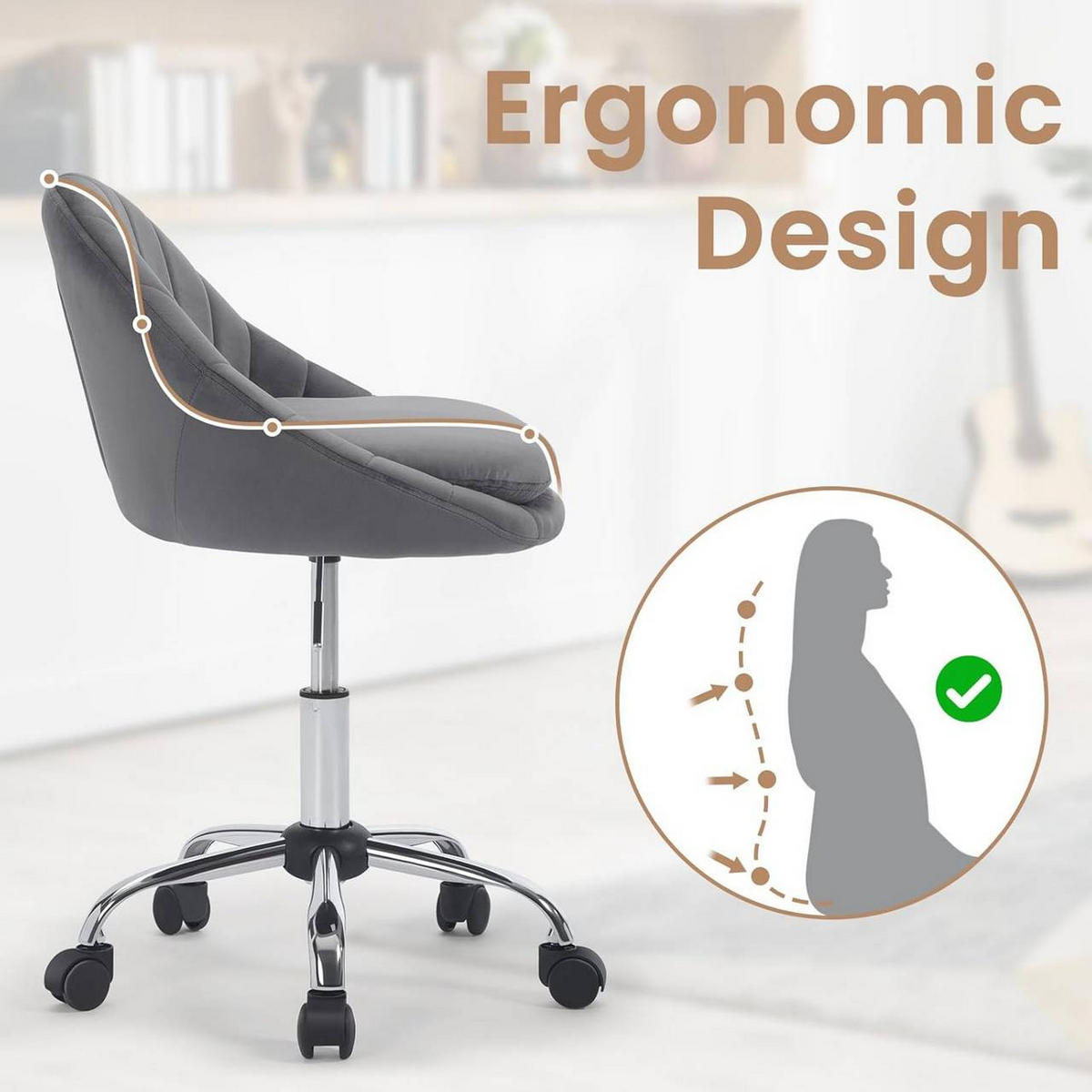 DREHSTUHL ergonomisch, Schminkstuhl, Samt, Dunkelgrau - Dunkelgrau/Schwarz, Textil/Metall (52/72/48cm) - Woltu