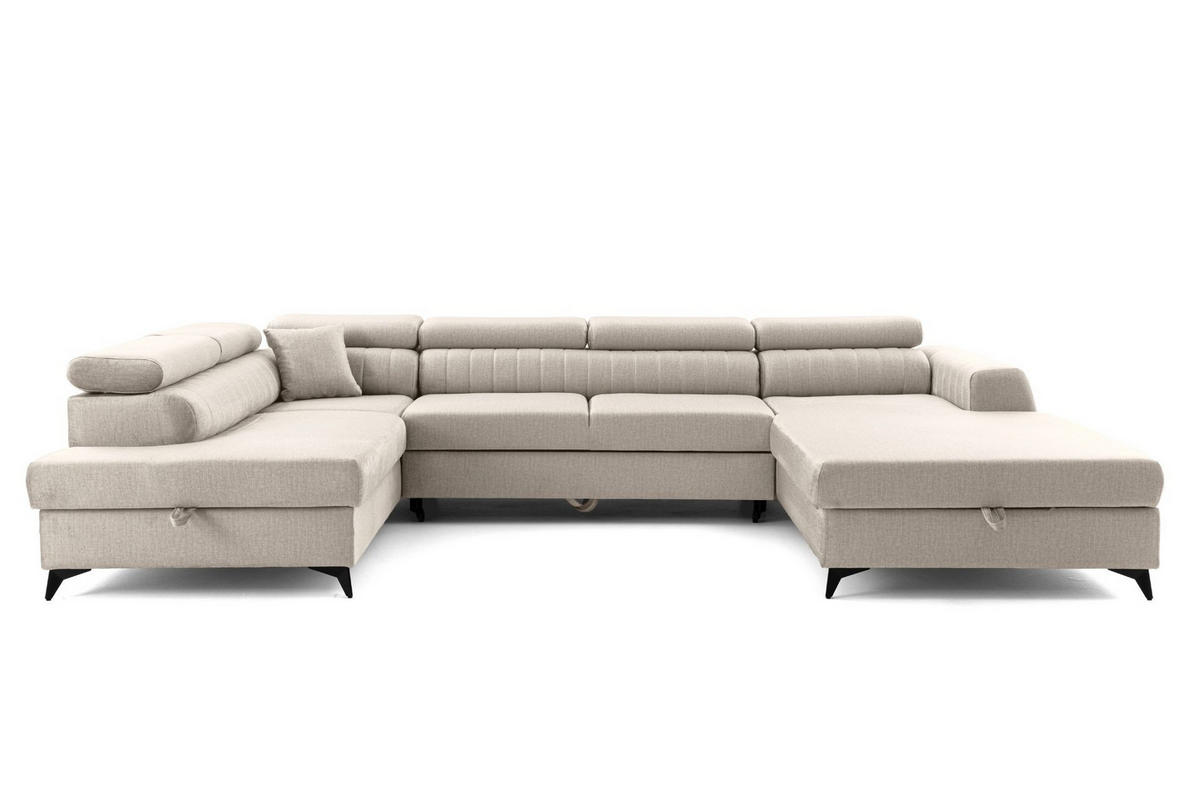 ECKSOFA U-Form PIERO U Links mit Schlaffunktion 125x260 Velours Creme - Creme/Schwarz, Holz/Textil (350/90/203cm) - Muffo