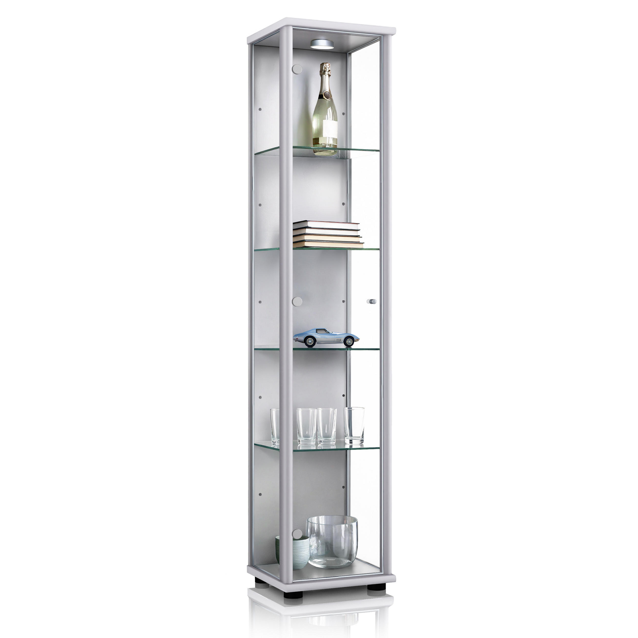 GLASVITRINE 33/37/176 cm mit LED & 4 höhenverstellbaren Glasböden - Transparent/Silberfarben, Glas/Holzwerkstoff (37/176/33cm) - K-Möbel
