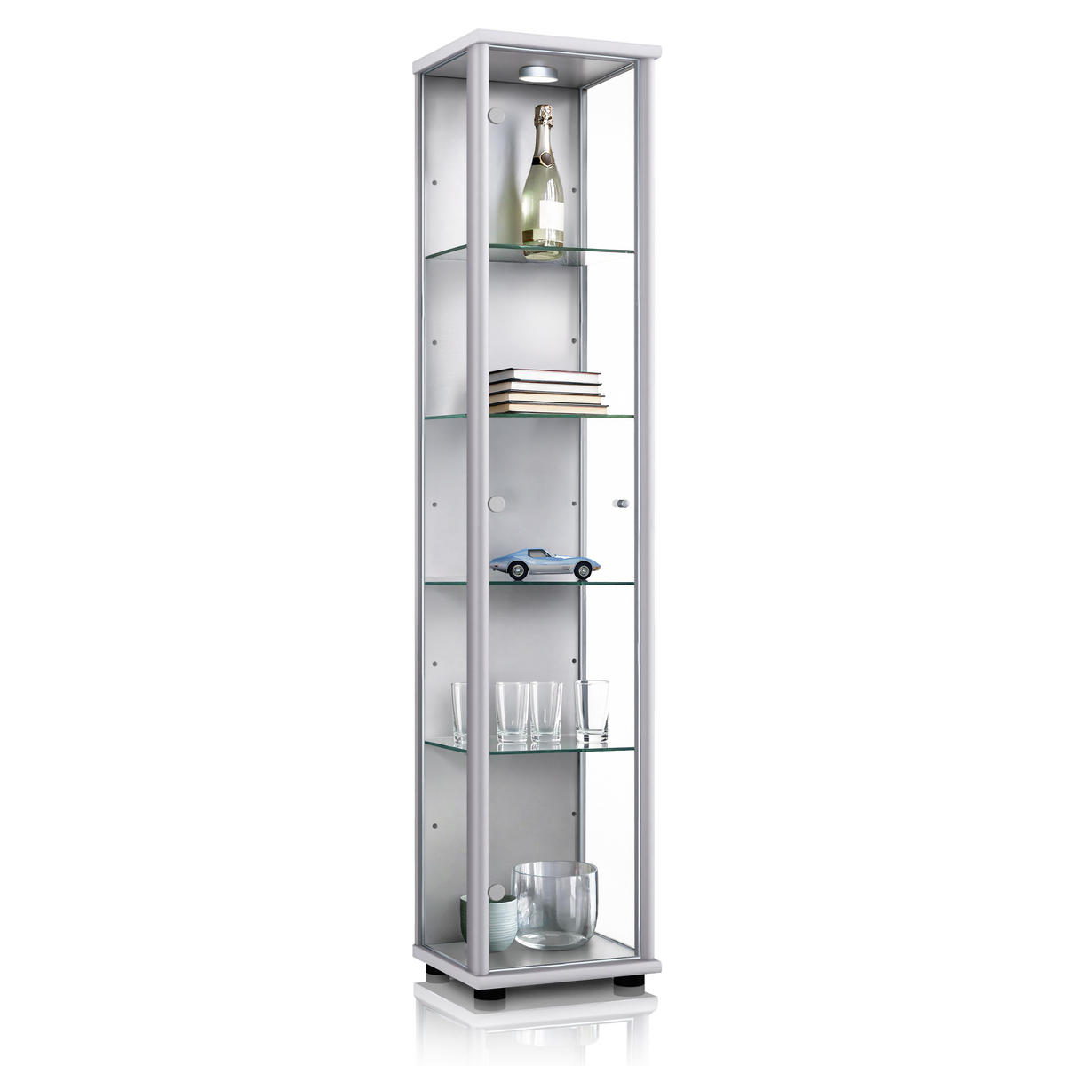 GLASVITRINE 33/37/176 cm mit LED & 4 höhenverstellbaren Glasböden - Transparent/Silberfarben, Glas/Holzwerkstoff (37/176/33cm) - K-Möbel