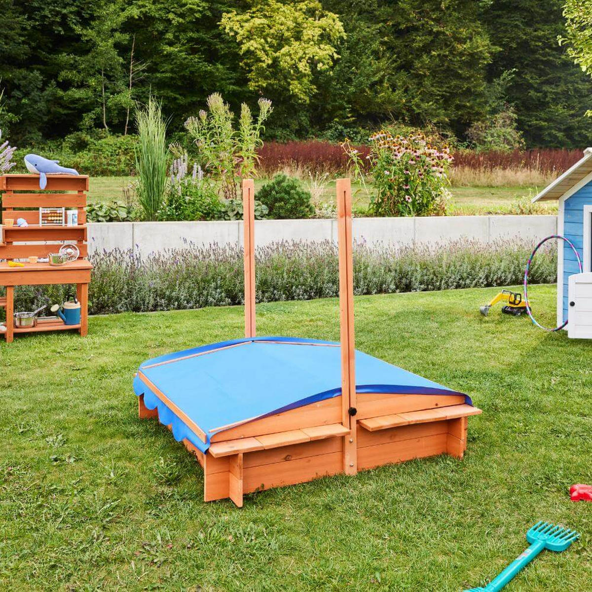 SANDKASTEN mit Sonnensegel BUDDELKISTE - 110 x 110 cm - Blau/Naturfarben, Holz (110/110/110cm) - Home Deluxe