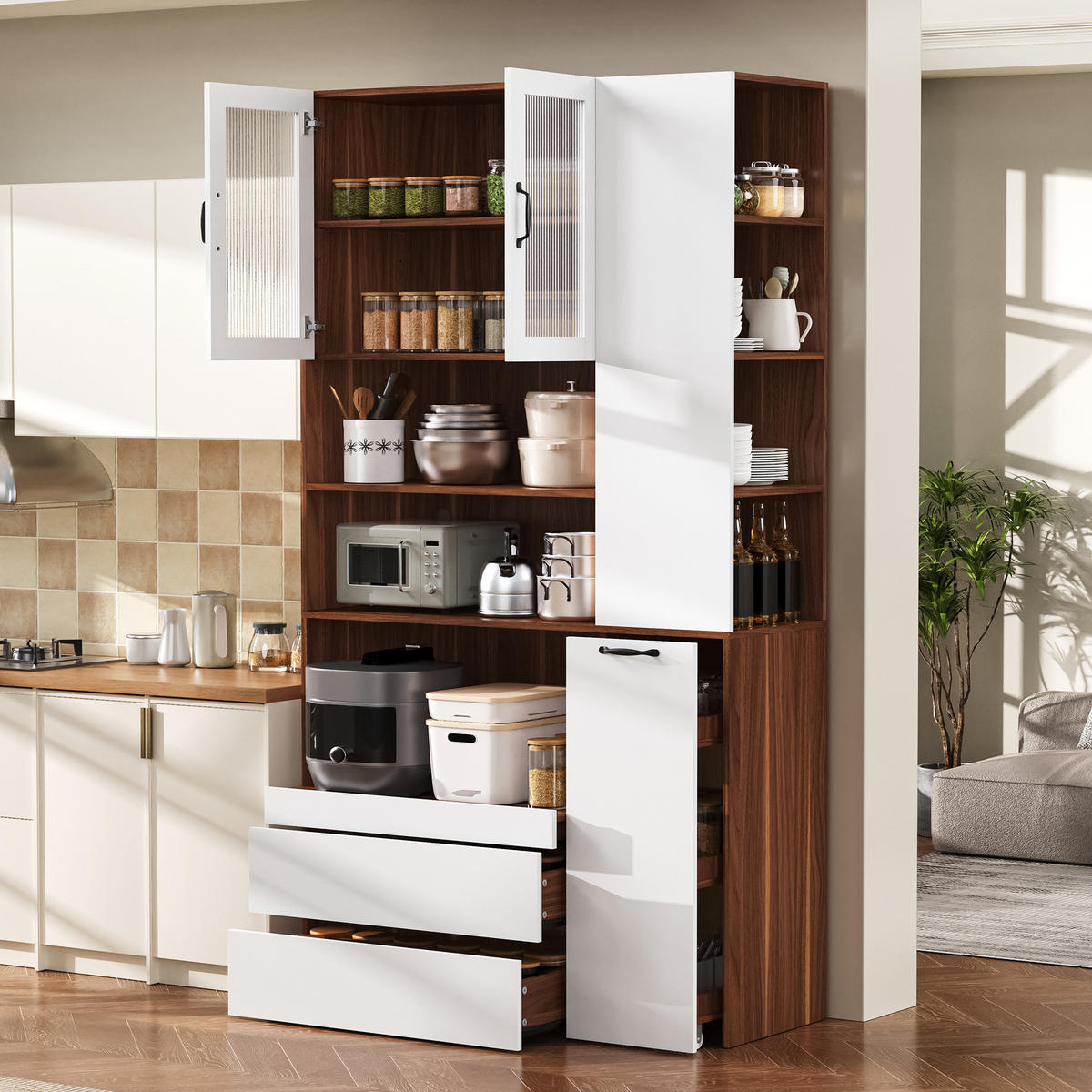 BUFFET DE-38318 100/40/200 cm mit Riffelglas Weiß/Nussbaum - Walnussfarben, Holzwerkstoff (100/200/40cm) - ComfortXL