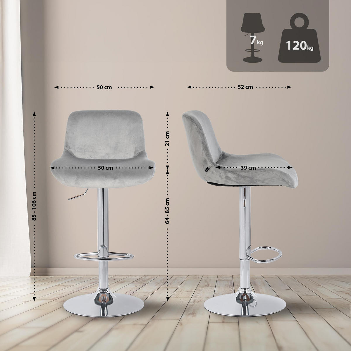 BARHOCKER 2er Set Salomon Chrom Samt grau - Chromfarben/Grau, Textil/Metall (50/106/52cm) - TPFLiving